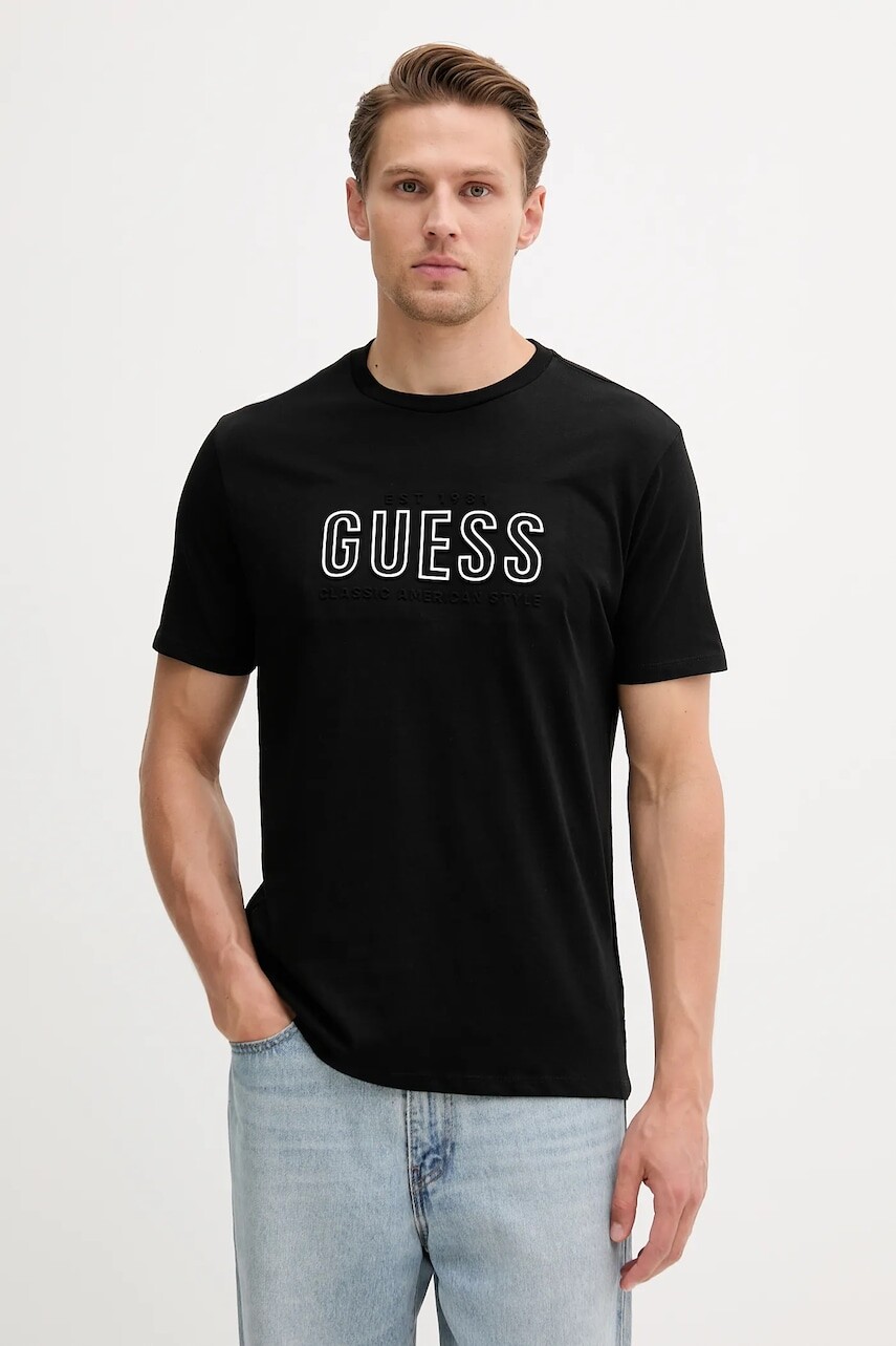 Bavlnené tričko Guess pánske, čierna farba, s potlačou, M5YI44 KBW41