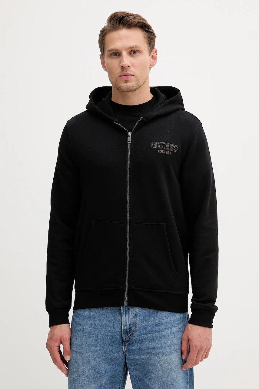 Mikina Guess čierna farba, s kapucňou, s nášivkou, M5YQ48 KCN01