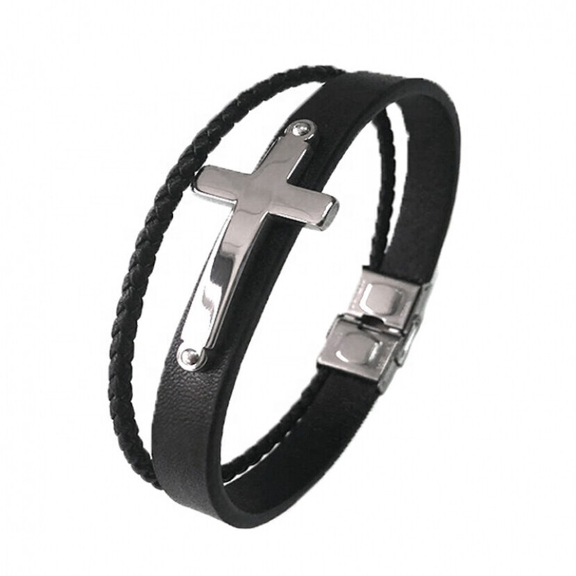 Kožený náramok Gaira Cross 2 - čierny-strieborný