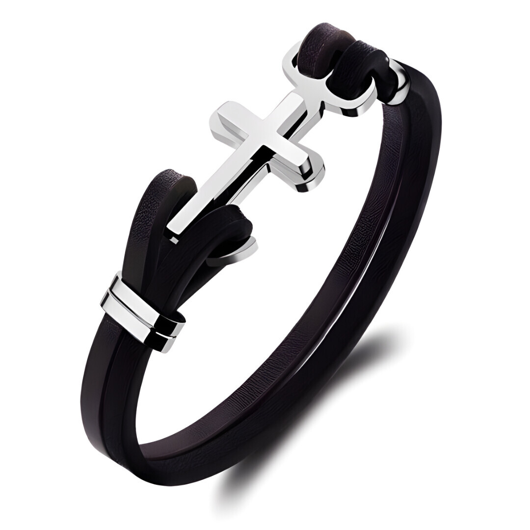 Kožený náramok Gaira Cross 3 - čierny-strieborný