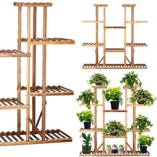 Drevený stojan na kvety s 9 policami - 119cm - tmavá hnedá/antický efekt