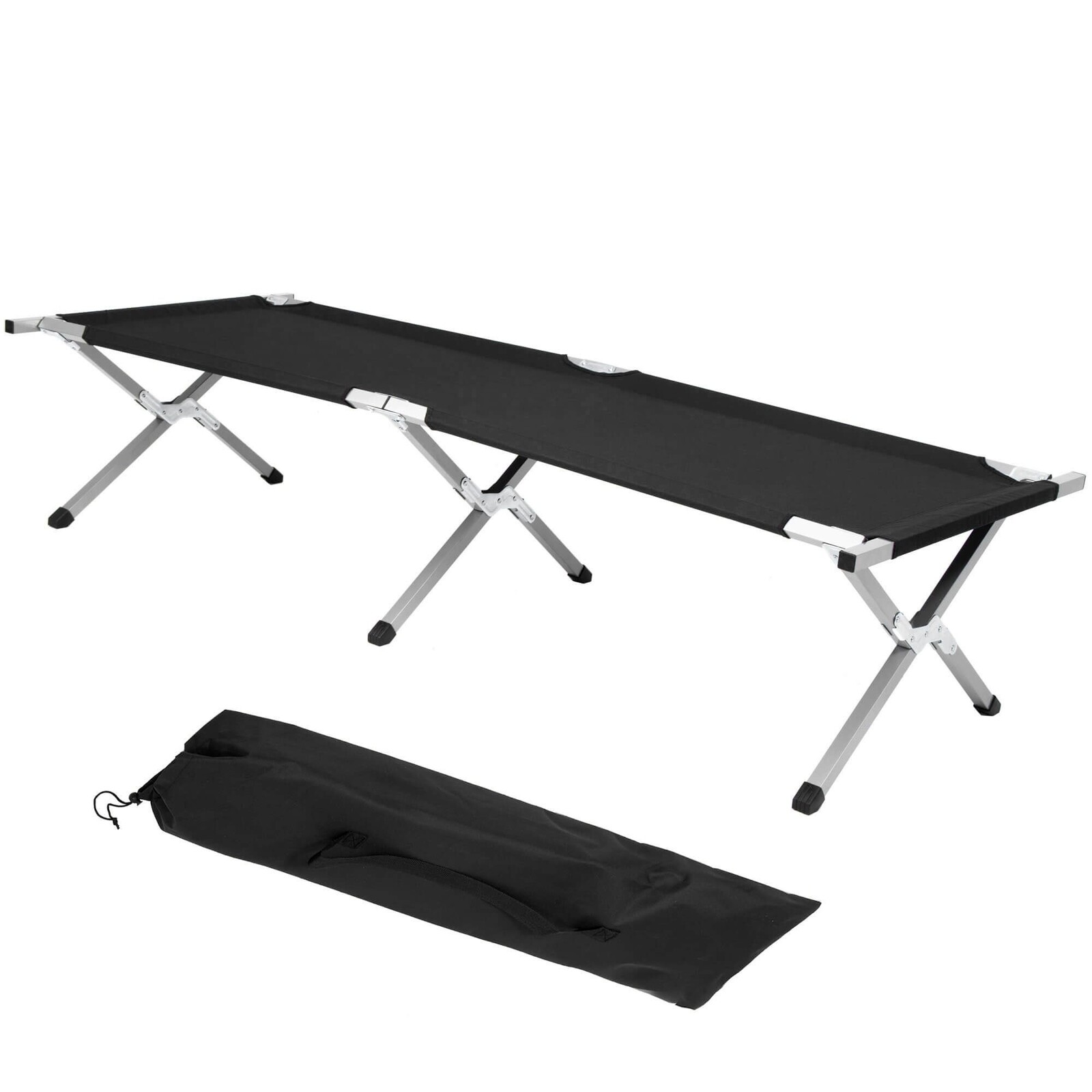 Skladacia cestovná posteľ kempingová - do 150 kg - čierna