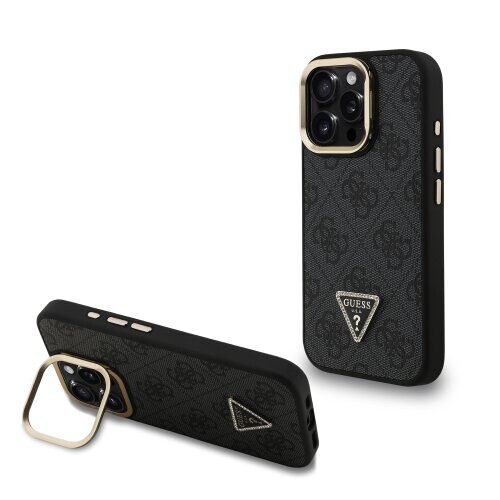 Guess PU 4G Strass Triangle Logo Stand Camera Frame MagSafe Zadní Kryt pro iPhone 15 Pro Max Black