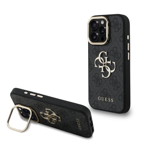 Guess PU 4G Metal Logo Stand Camera Frame Zadní Kryt pro iPhone 16 Pro Black