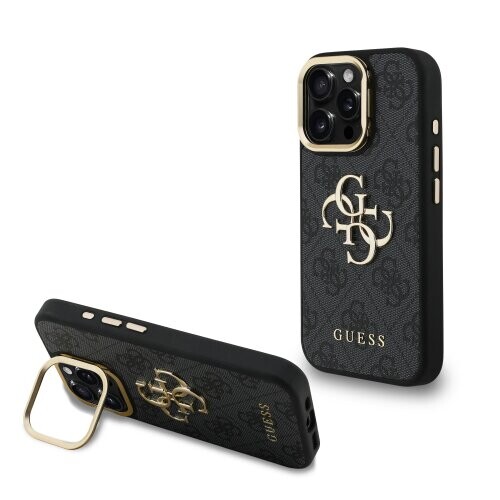 Guess PU 4G Metal Logo Stand Camera Frame Zadní Kryt pro iPhone 15 Pro Max Black