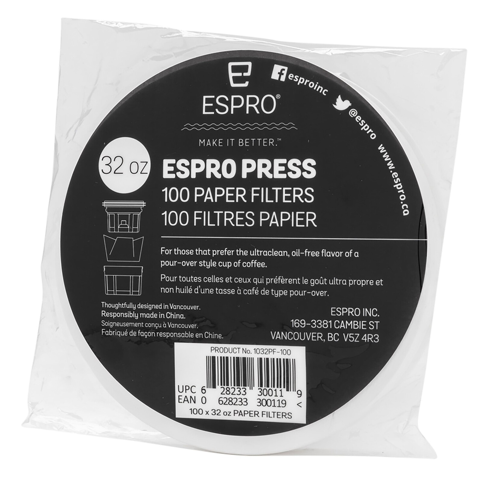 Papierový filter pre french press kávovary PRESS 950 ml, sada 100 ks, Espro