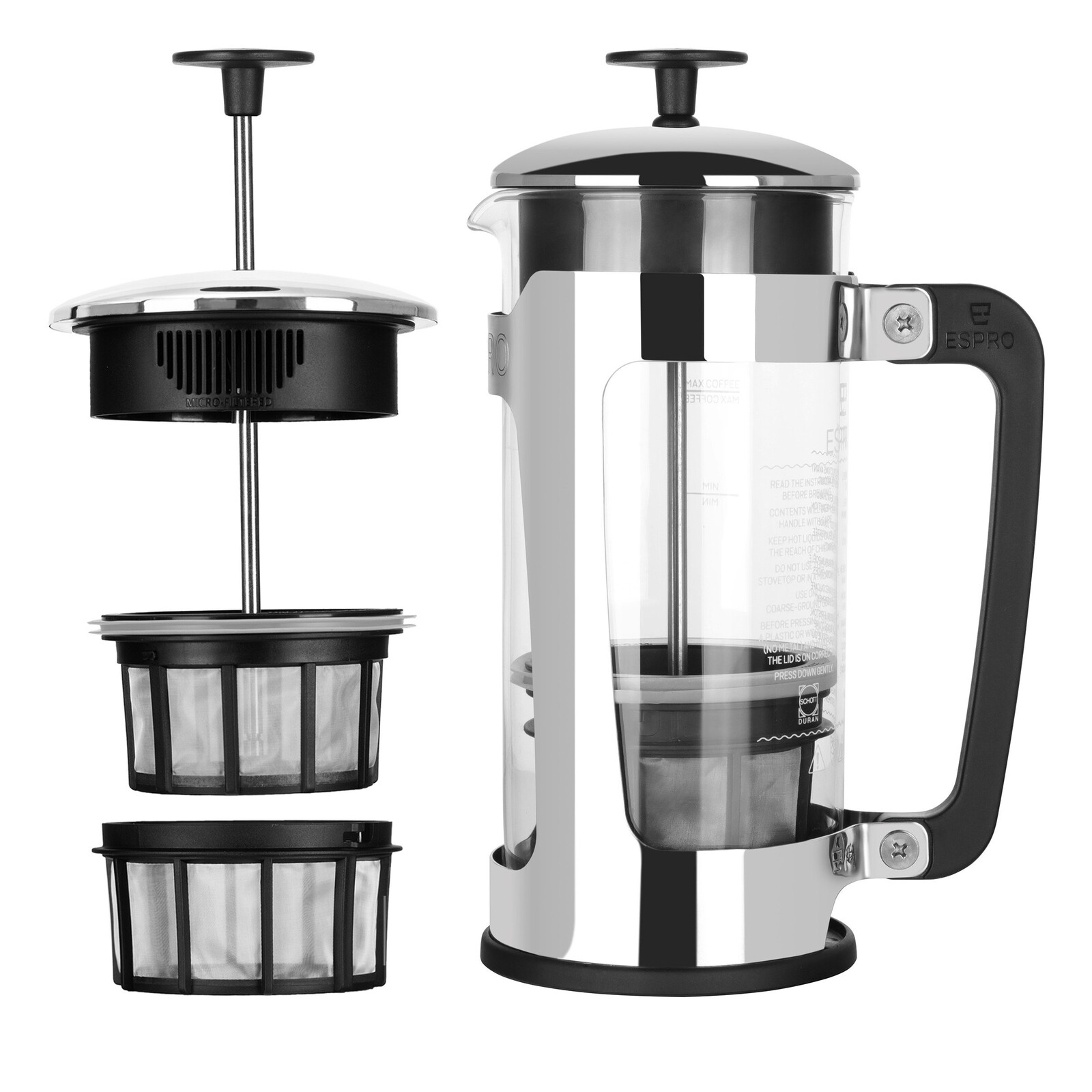 French press kávovar PRESS P5 530 ml, strieborná, sklo / leštená nerezová oceľ, Espro