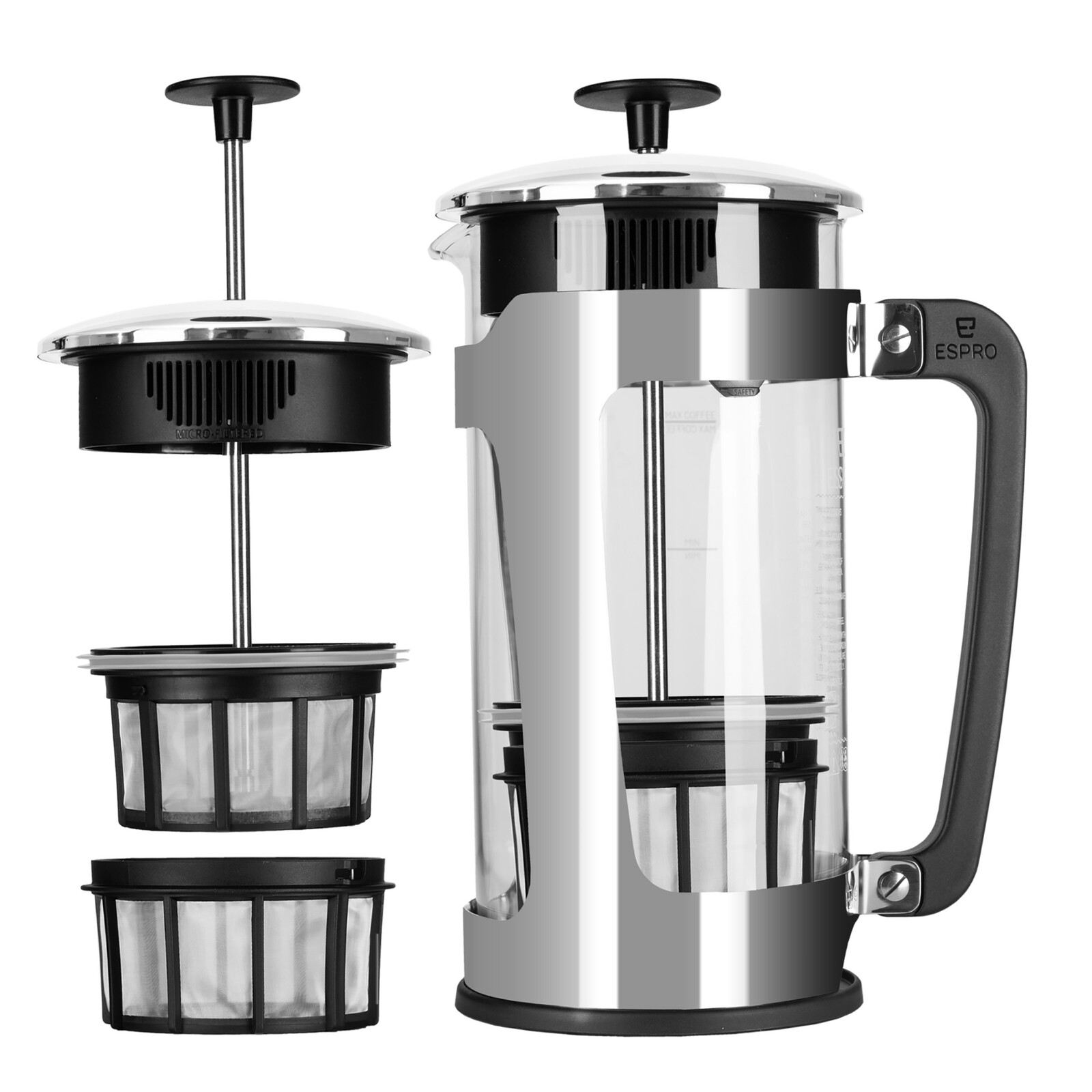 French press kávovar PRESS P5 950 ml, strieborná, sklo / leštená nerezová oceľ, Espro