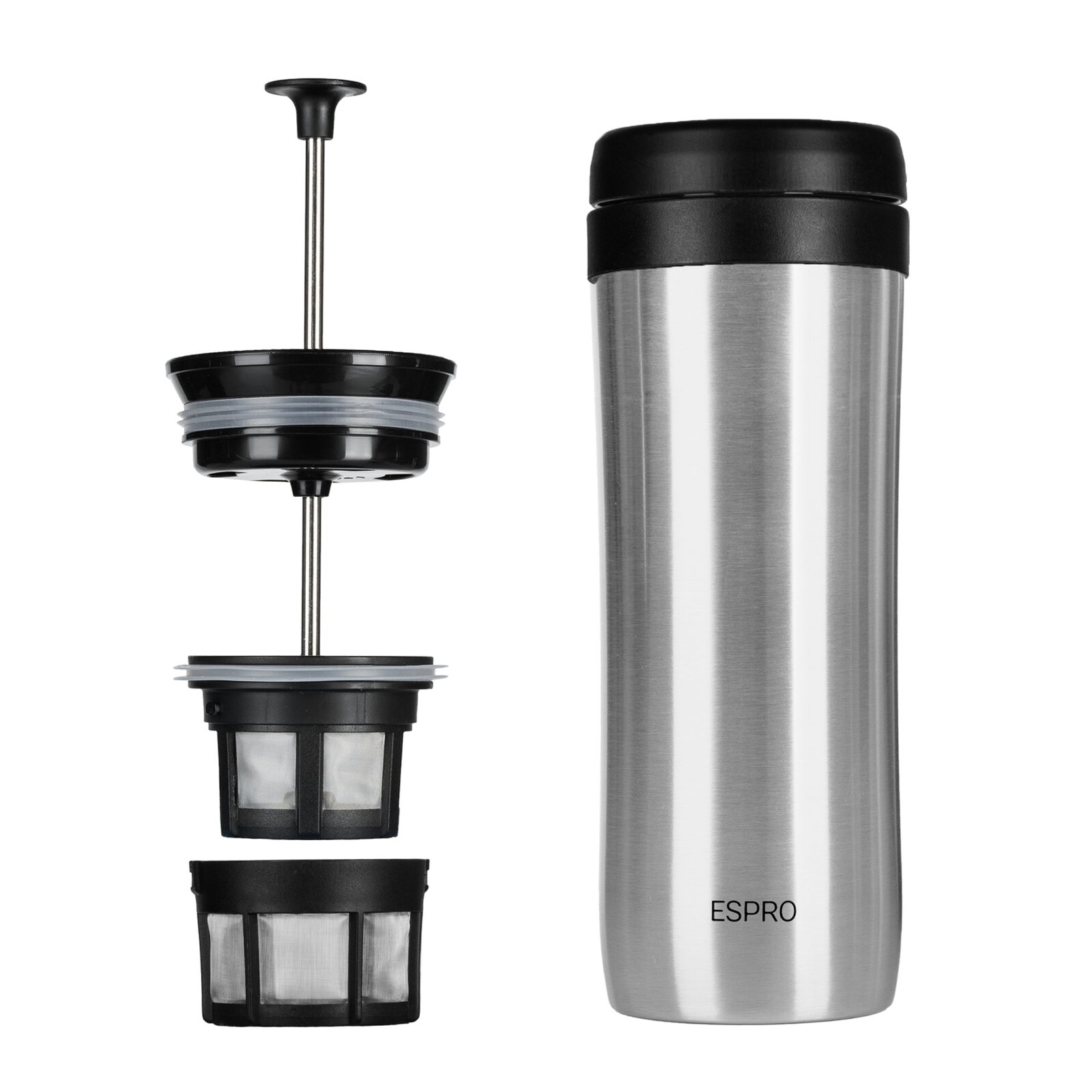 French press kávovar TRAVEL PRESS P1 350 ml, strieborná, brúsená nerezová oceľ, Espro