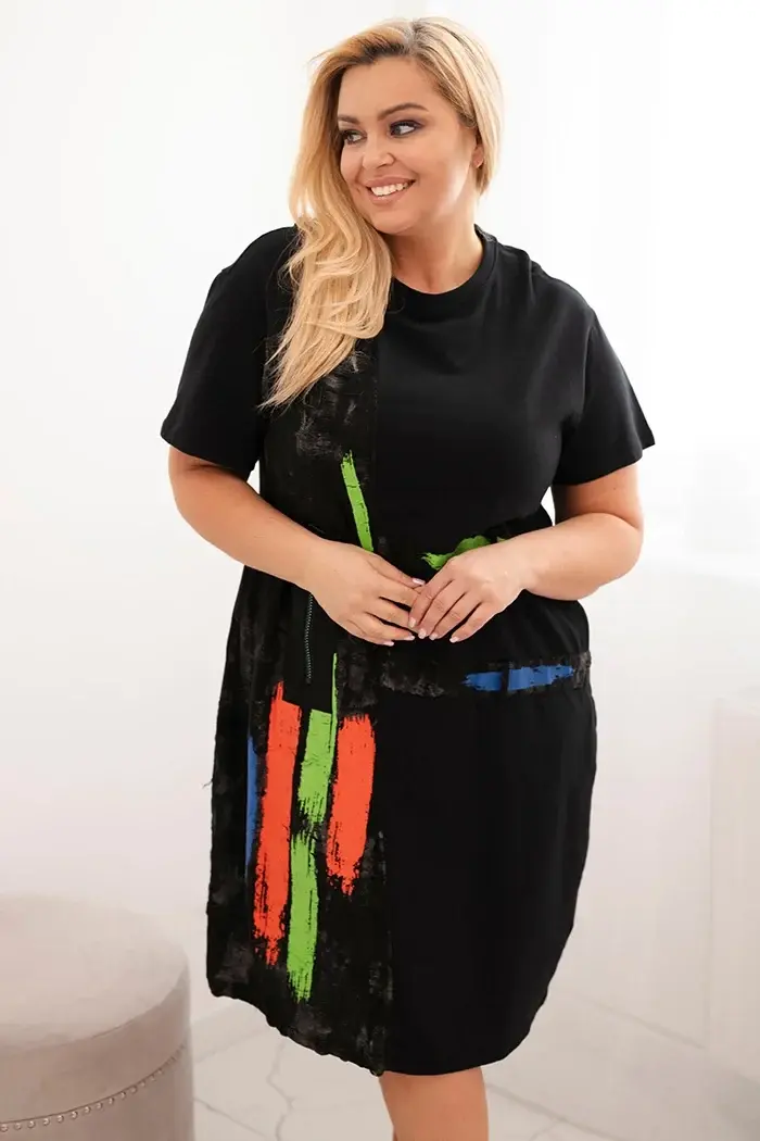 Kesi Włoski Dámske bavlnené šaty Plus Size s farebnou potlačou čierna