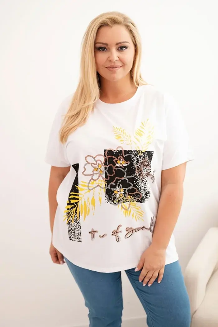 Kesi Włoski Dámska bavlnená blúzka Plus Size s ozdobnou kvetinovou potlačou biela + žltá