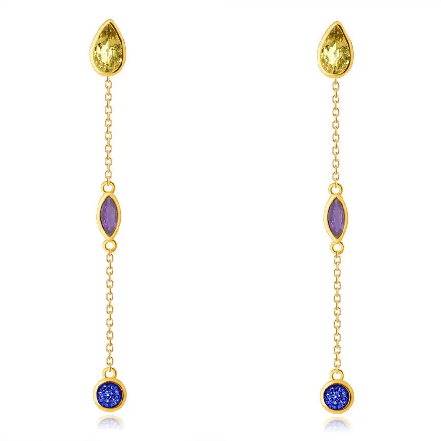 Náušnice zo žltého 9K zlata - krátka retiazka so slzičkou, oválom a krúžkom, rôzne druhy kameňov