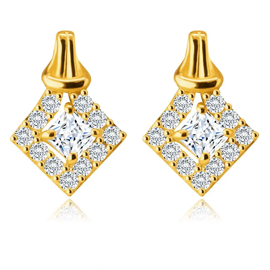 Zlaté 9K náušnice - zirkón vsadený v línii kosoštvorca vykladaného čírymi zirkónikmi, slučka, puzetky