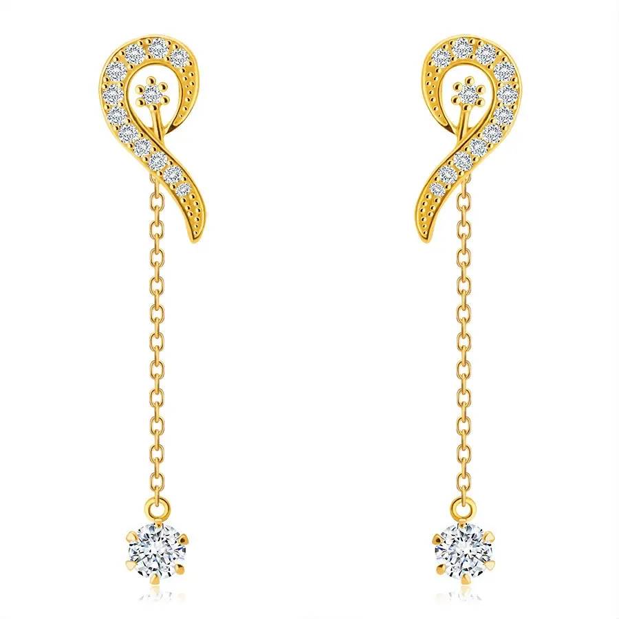 Zlaté 9K náušnice - línia slučky vykladaná zirkónikmi, krátka retiazka so zirkónom v kotlíku