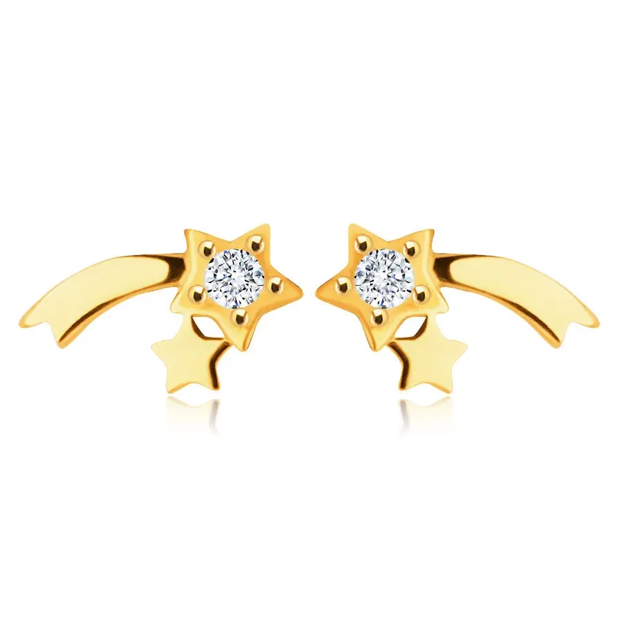 Náušnice zo žltého 9K zlata - lesklá kométa, číry okrúhly zirkónik