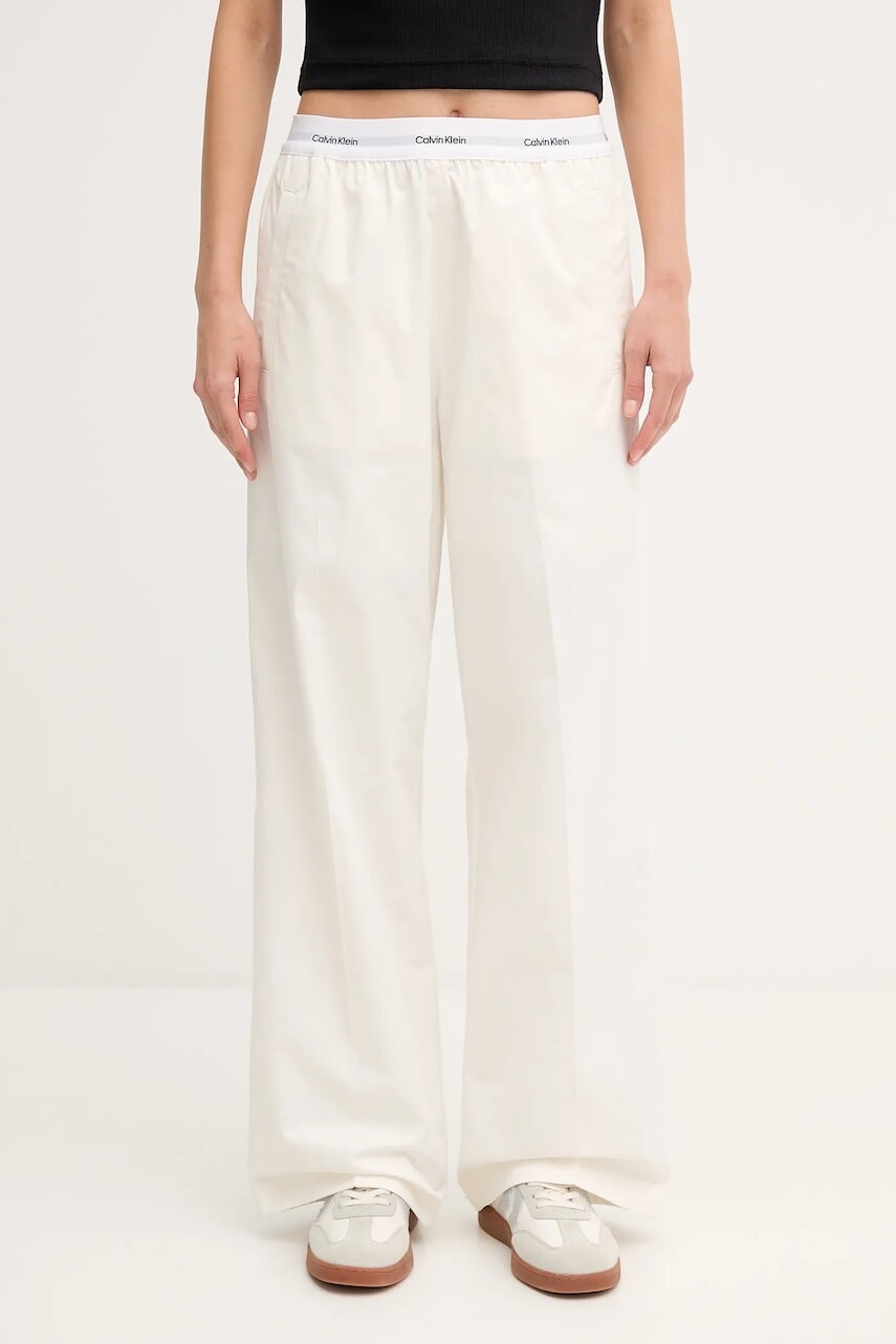 Bavlnené nohavice Calvin Klein Jeans béžová farba, široké, vysoký pás, LV044C403G