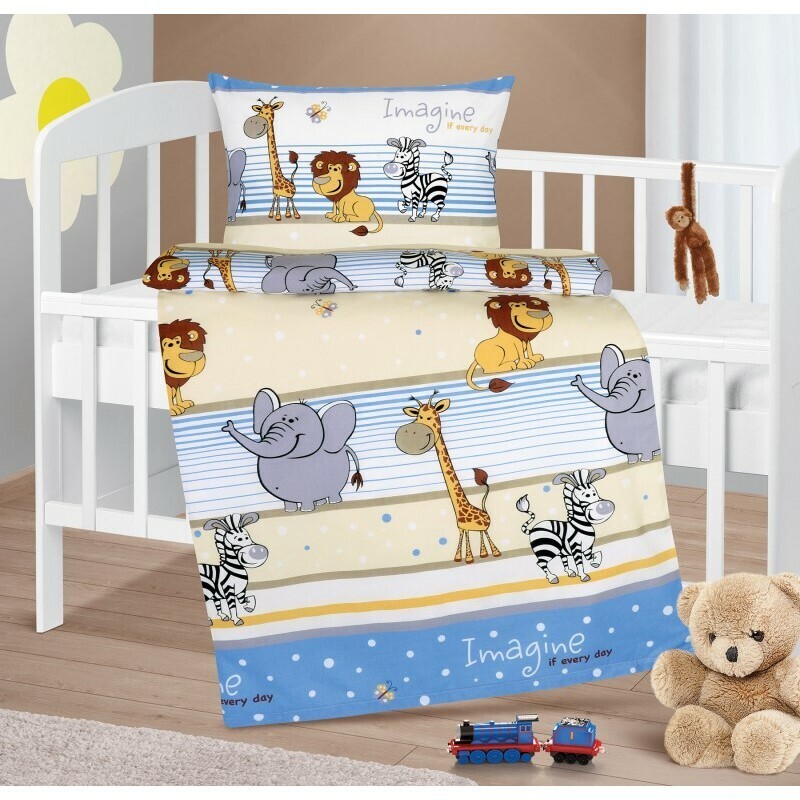 Bellatex Bavlnené obliečky do postieľky AgataSafari modré, 90 x 135 cm, 45 x 60 cm