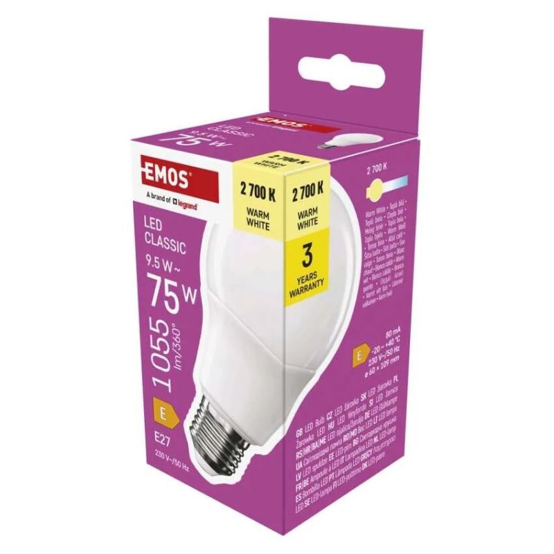EMOS LED žiarovka Classic A60  E27  9,5 W (75 W)  1055 lm  teplá biela ZQ5E51