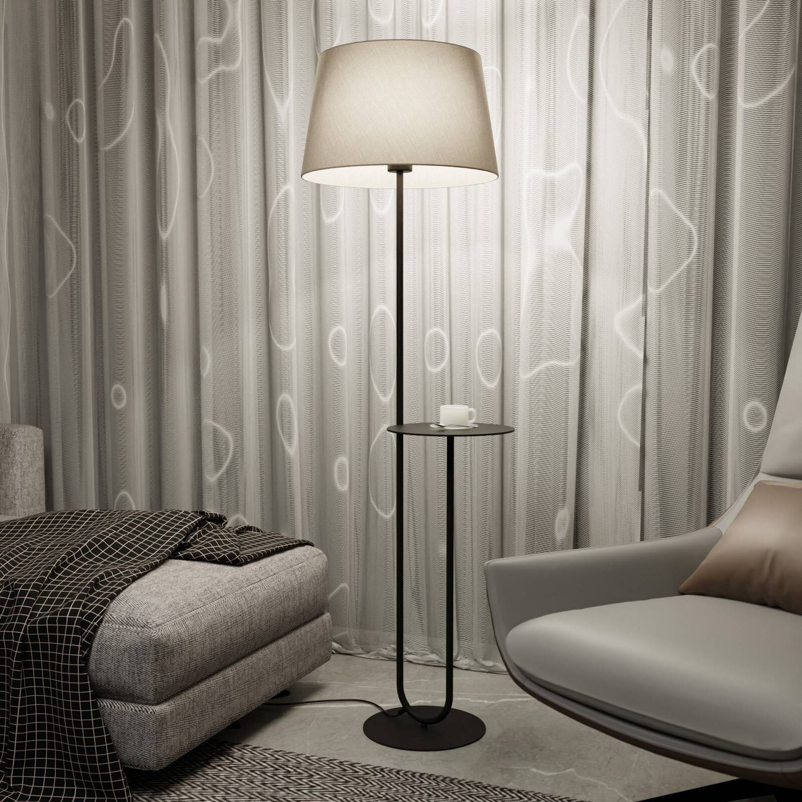 Hotelová stojacia lampa, béžová/čierna, výška 150 cm, látka/kov