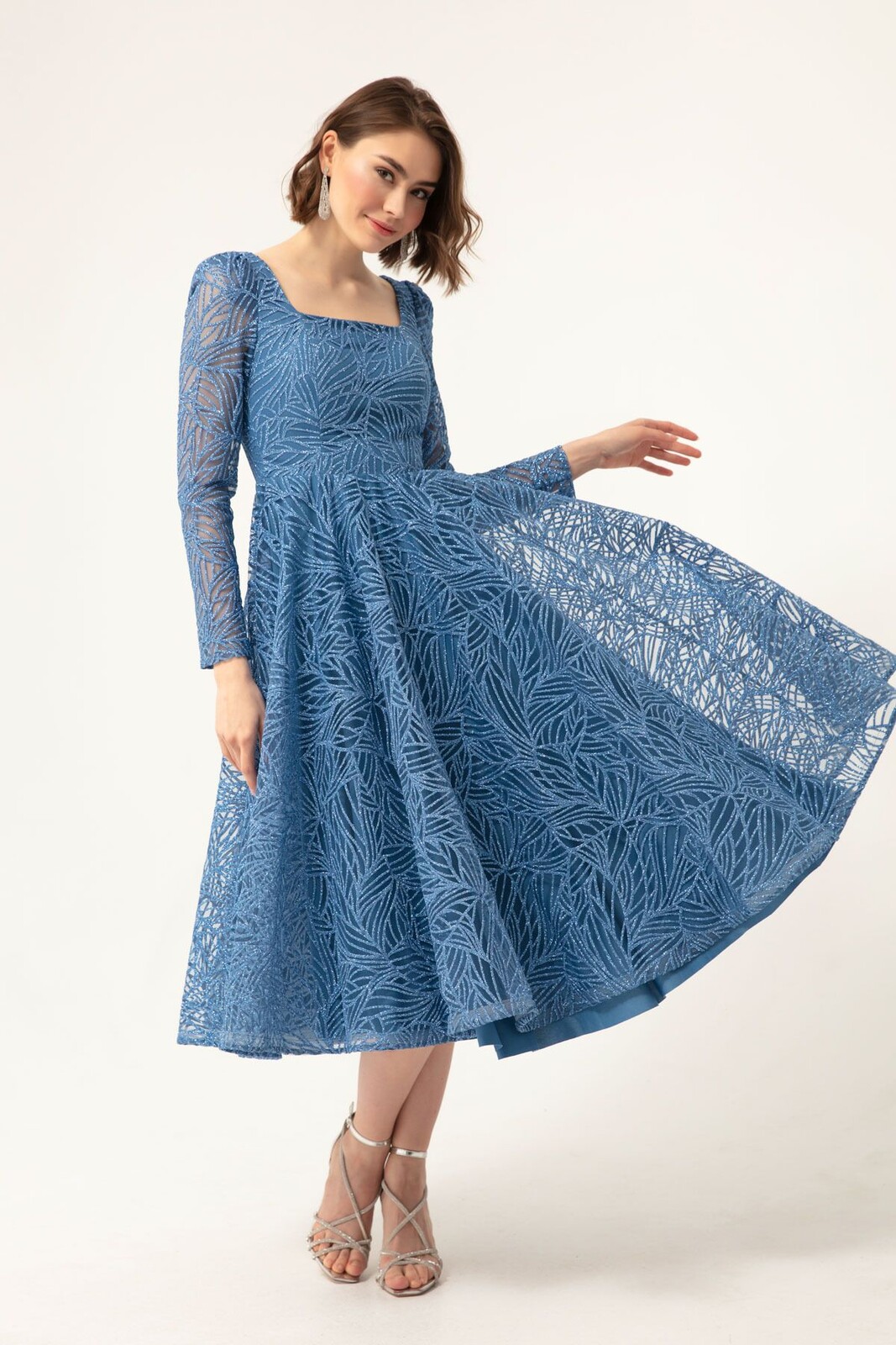 Lafaba Women's Indigo Square Neck Silvery Evening Dress