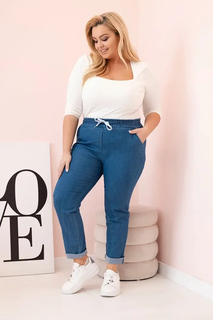 Kesi Włoski Dámske bavlnené nohavice Plus Size s elastickým pásom a šnúrkou džínsovina