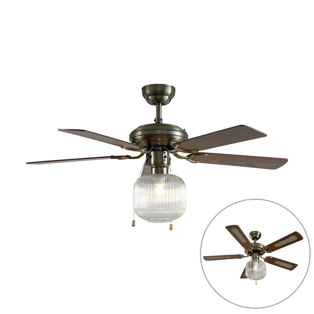 Stropný ventilátor mosadzný s drevom 107,5 cm s ťahovým spínačom - Mistral Karel