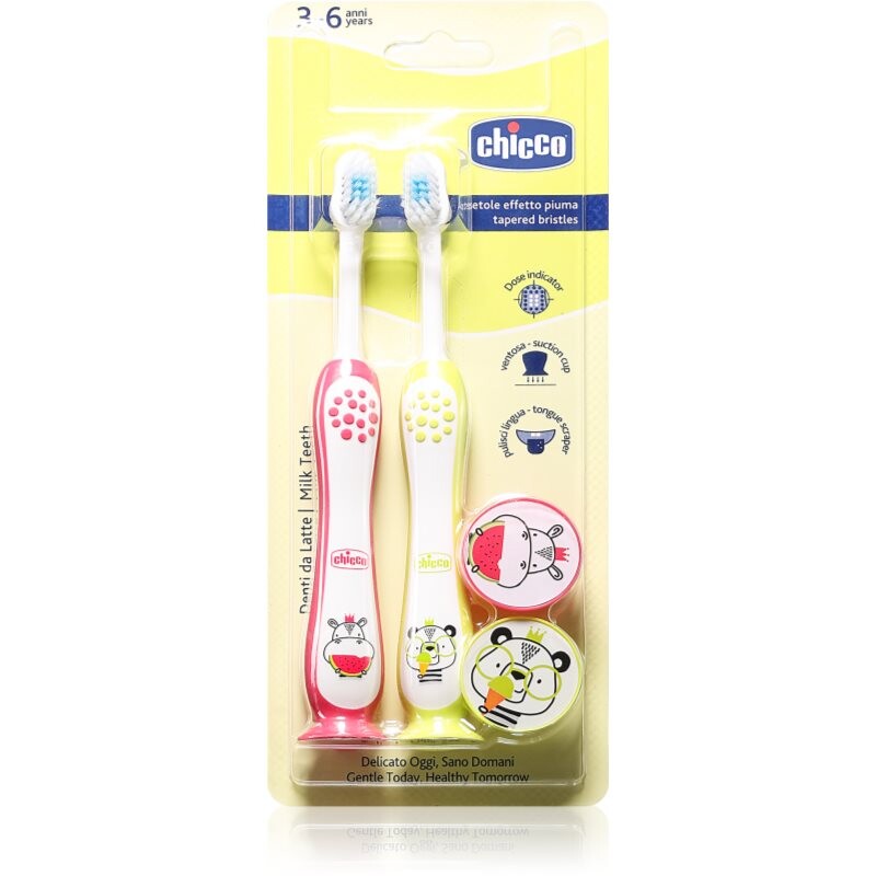 Chicco Toothbrush Set 3-6 y+ zubná kefka pre deti s prísavkou Hippo-Panda