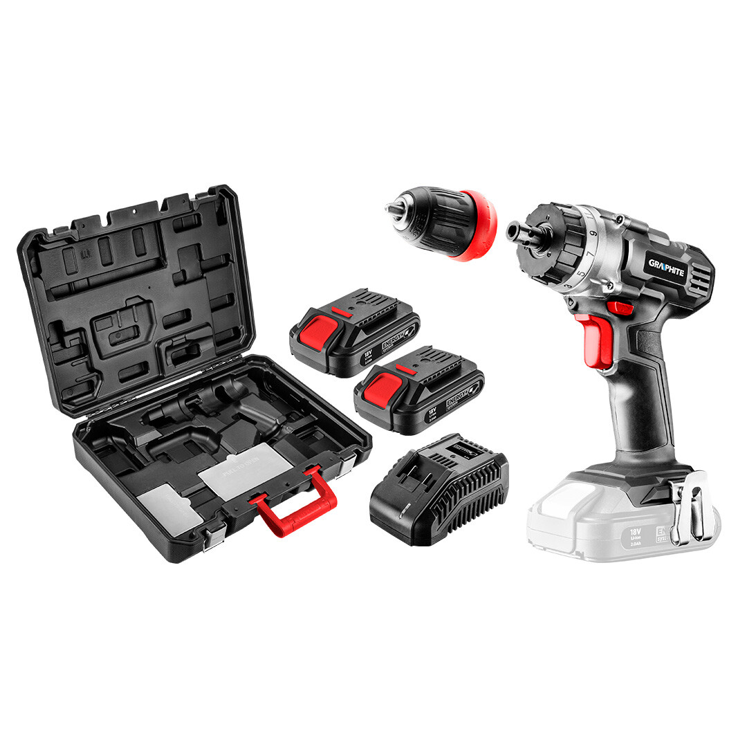 GRAPHITE Akumulátorová vŕtačka/prístroj Energy+ 18V, Li-Ion, odnímateľné 10mm skľučovadlo, 2 2Ah akumulátory, nabíjanie, kufrík 58G022-SET2