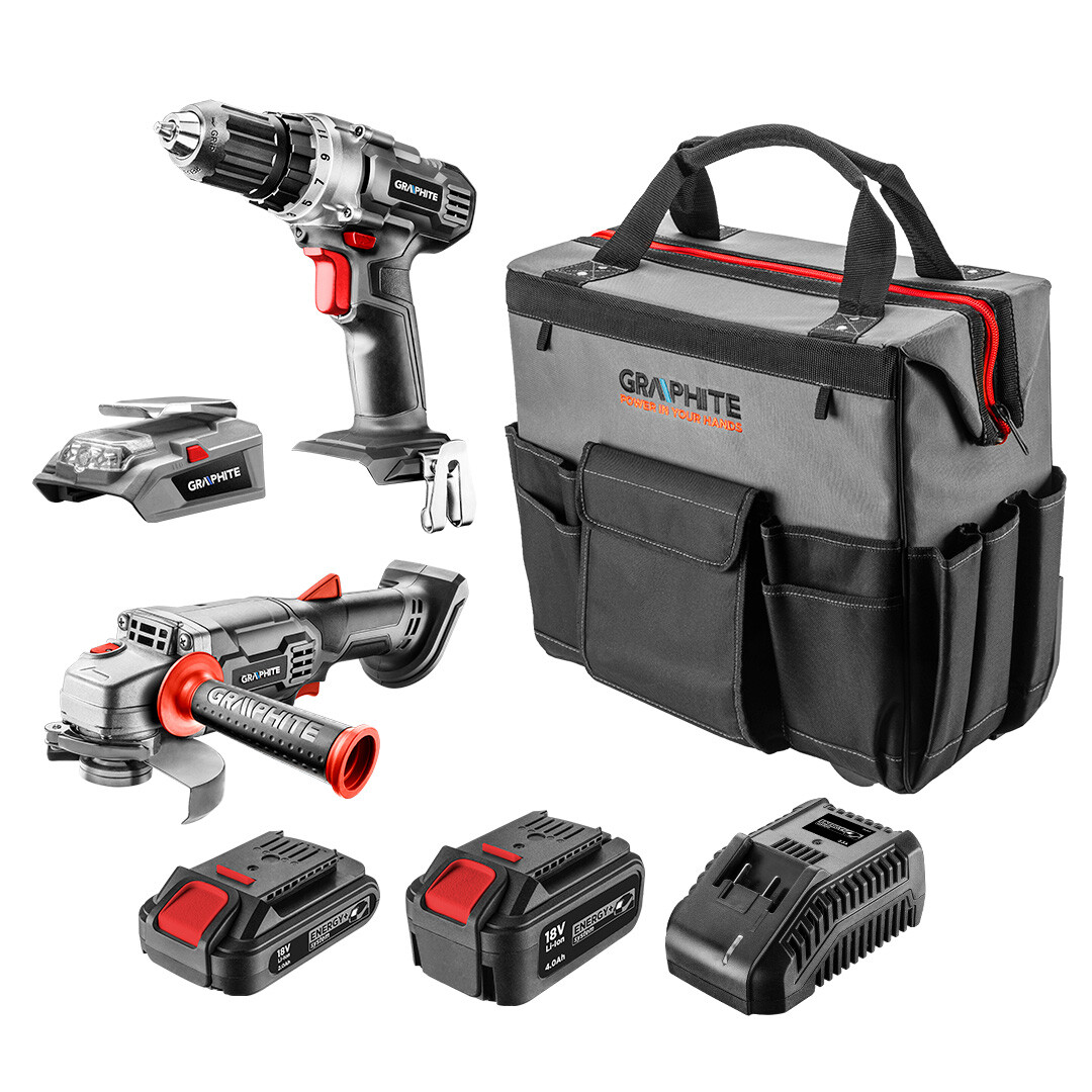 GRAPHITE Súprava Energy+ vŕtačka/prístroj (58G000), uhlová brúska (58G003), USB adaptér-LED baterka (58G025), 2,0Ah (58G001) a 4.0Ah (58G004), nabíja…