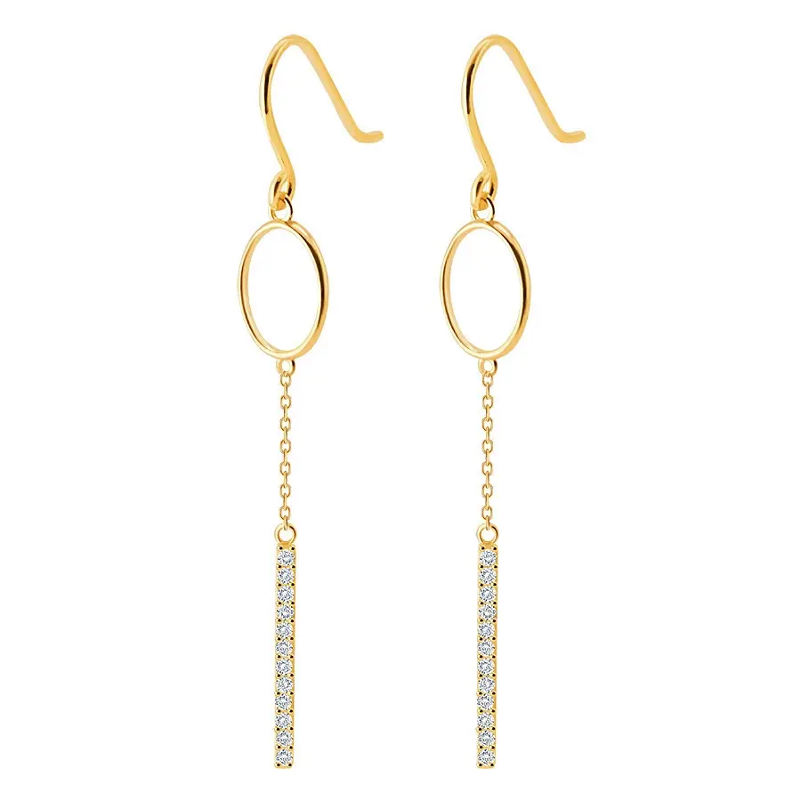 Visiace náušnice v žltom 9K zlate - oválne očko, číry zirkónový pásik