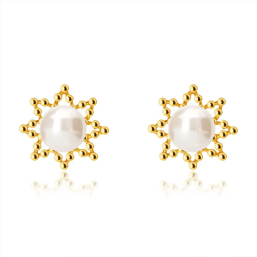 Zlaté 9K náušnice - obrys osemcípej hviezdičky, okrúhla sladkovodná perla, puzetky