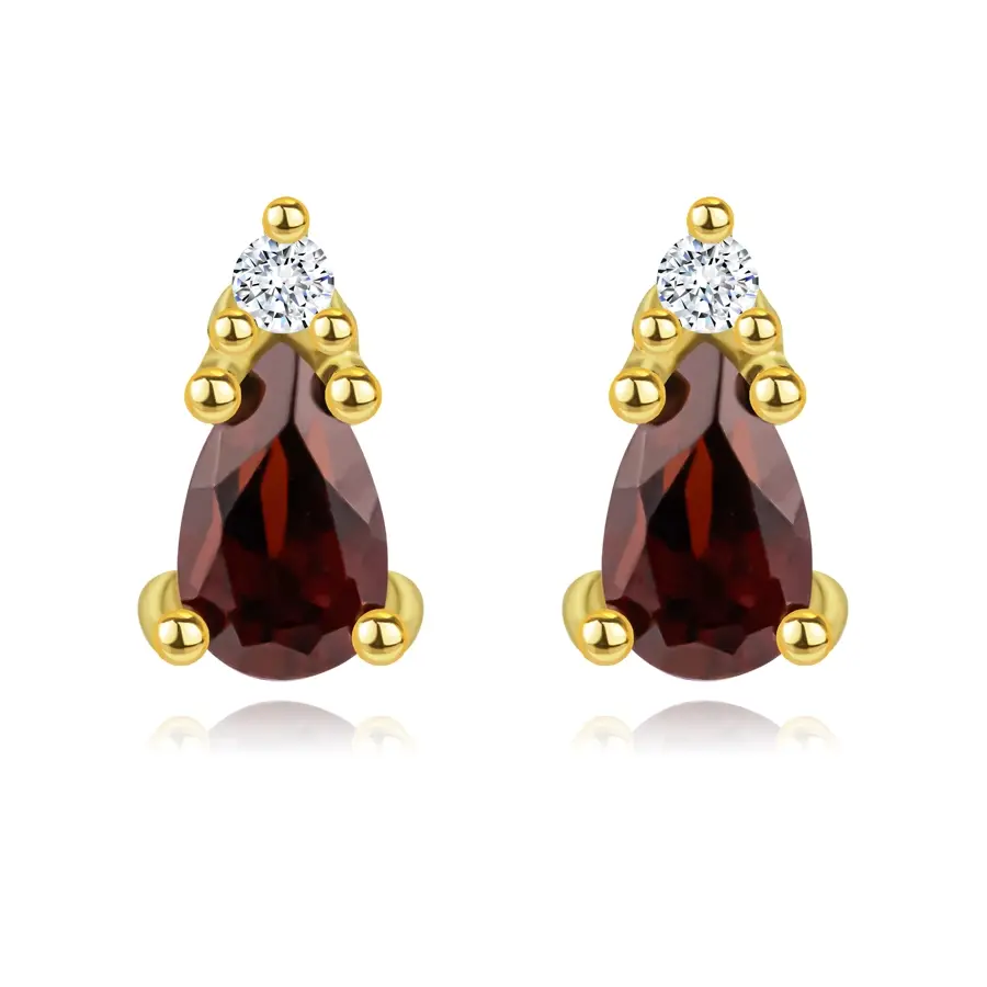 Zlaté náušnice 14K s granátom v tvare slzy a diamantom
