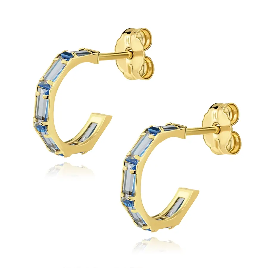 Zlaté náušnice 14K so svetlomodrými zirkónmi v otvorenom kruhu
