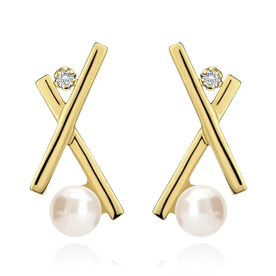 Zlaté náušnice 14K kultivovaná perla a zirkón v prekrížených líniách