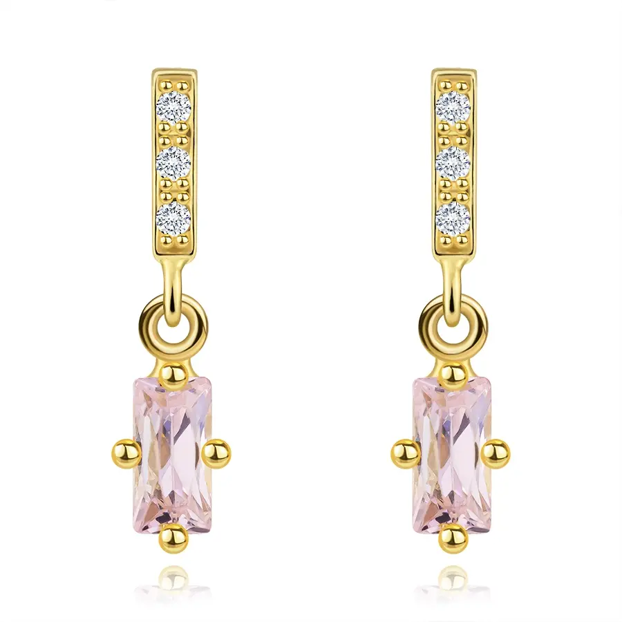 Zlaté náušnice 14K so svetloružovým zirkónom v obdĺžnikovom výbruse