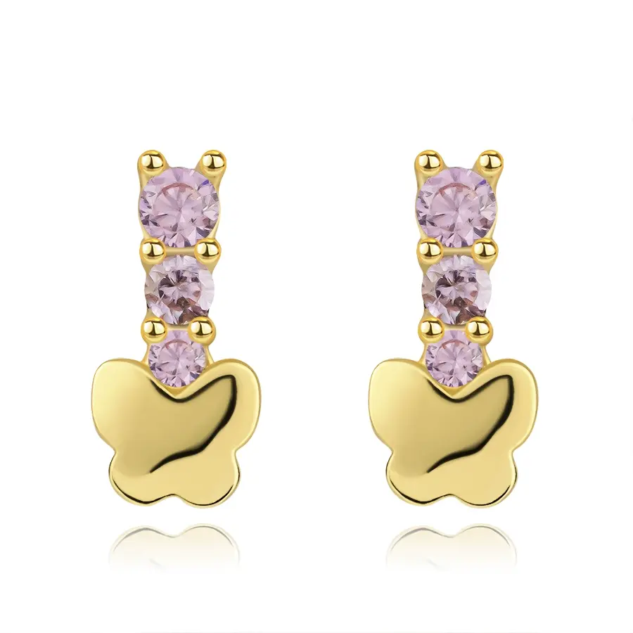 Zlaté náušnice 14K motýľ a ružové zirkóny v línii