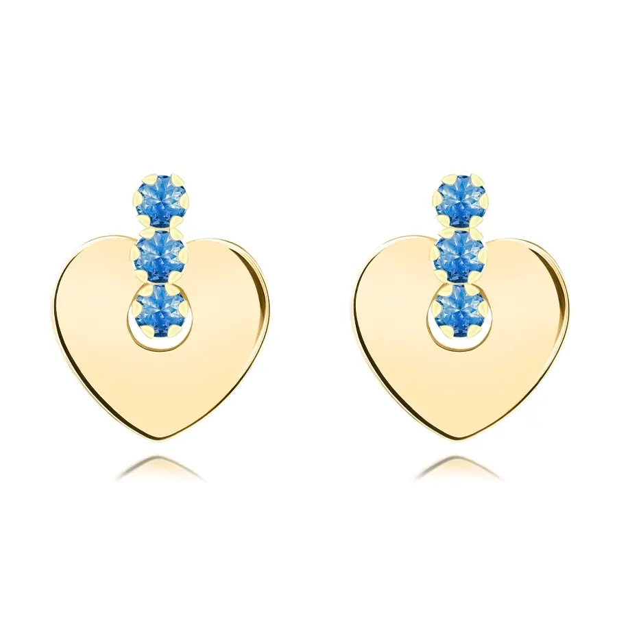 Zlaté náušnice 14K srdce a modré zirkóny v línii