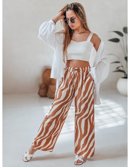 Dámske pruhované nohavice ZEBRAVIBE so širokými nohavicami béžovo-čierne