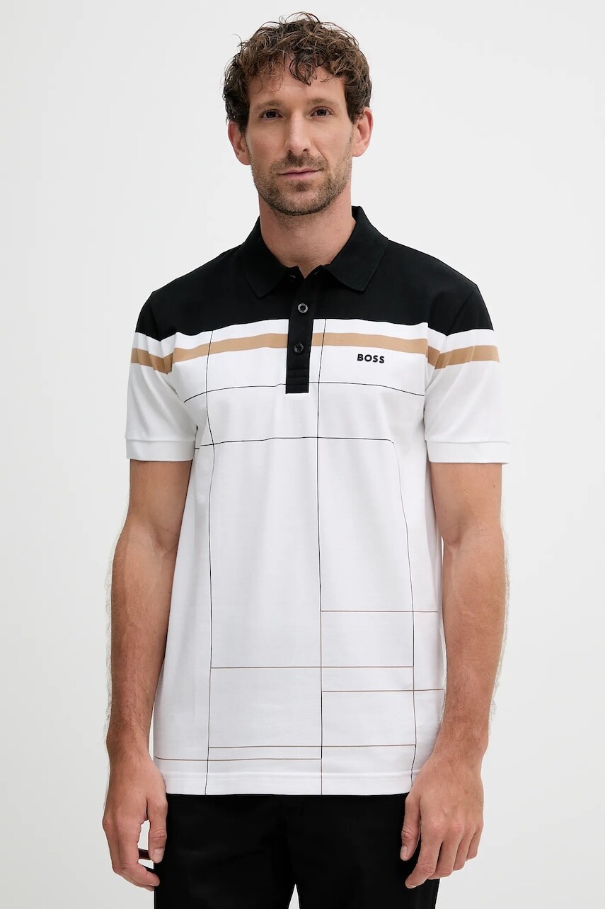 Polo tričko BOSS Green pánske, biela farba, vzorované, 50544477