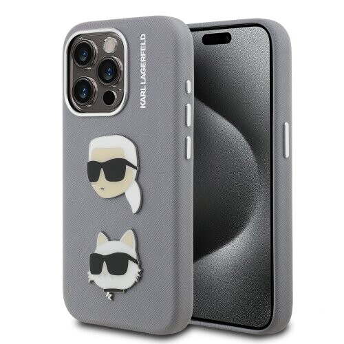 Karl Lagerfeld Grained PU K&CH Heads Zadní Kryt pro iPhone 15 Pro Max Grey
