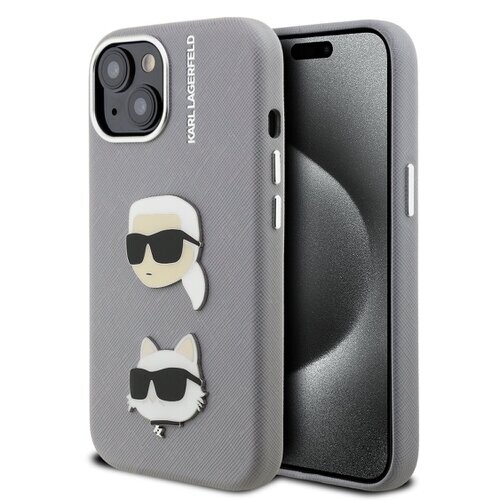 Karl Lagerfeld Grained PU K&CH Heads Zadní Kryt pro iPhone 15 Grey