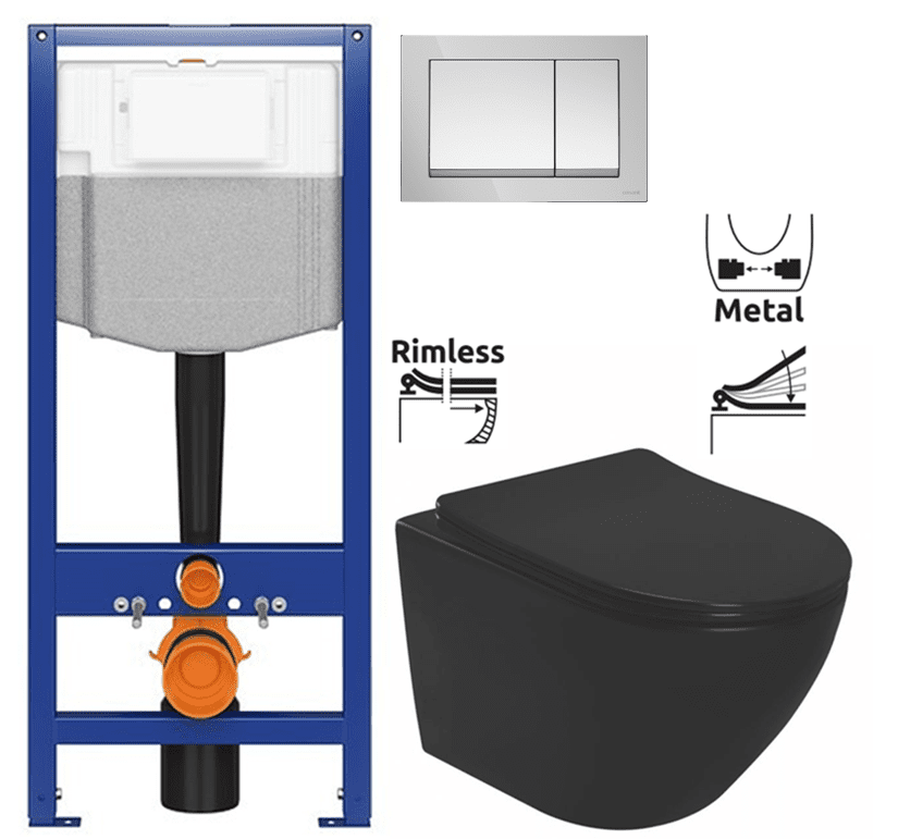 CERSANIT predstenový inštalačný systém s tlačidlom chrom K97-509 + WC REA CARLO MINI RIMLESS ČIERNY MAT + SEDADLO K97-526 509 MM1