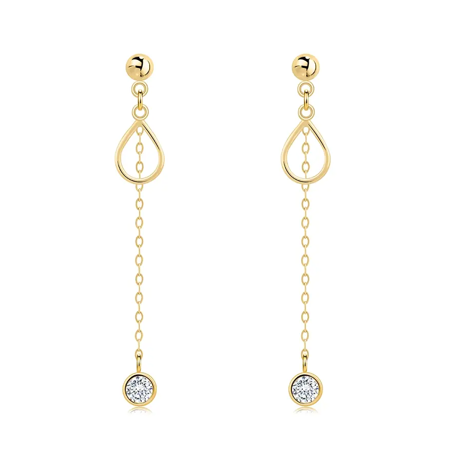 Zlaté visiace náušnice 14K s obrysom slzy a čírym zirkónom