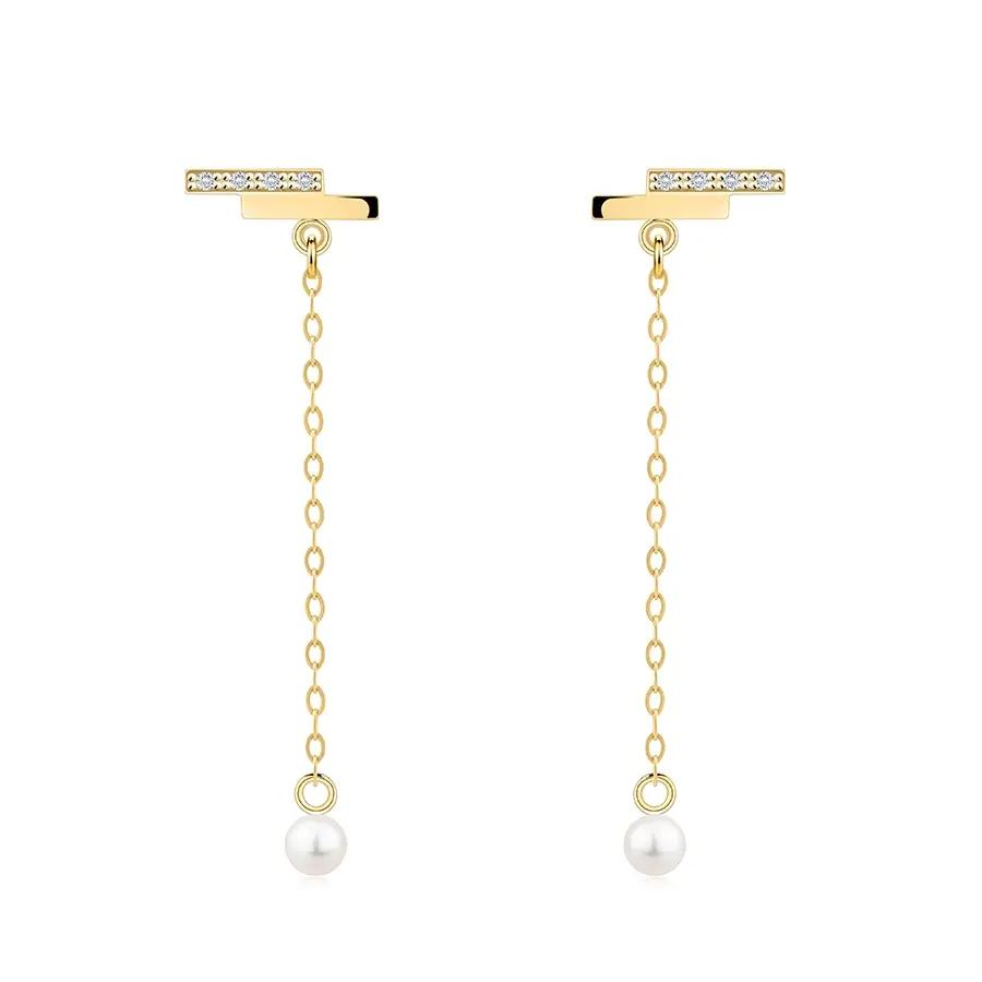 Zlaté visiace náušnice 14K s kultivovanou perlou a líniou zirkónov
