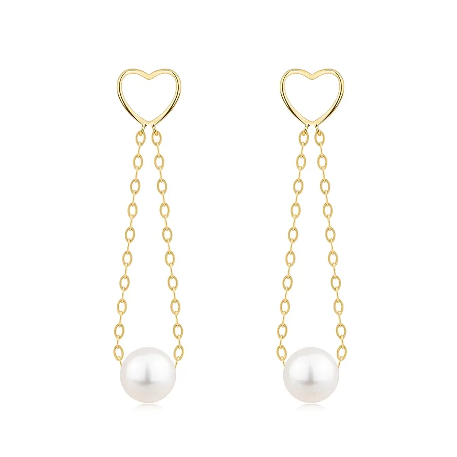 Zlaté náušnice 14K srdce so sladkovodnou perlou na retiazke