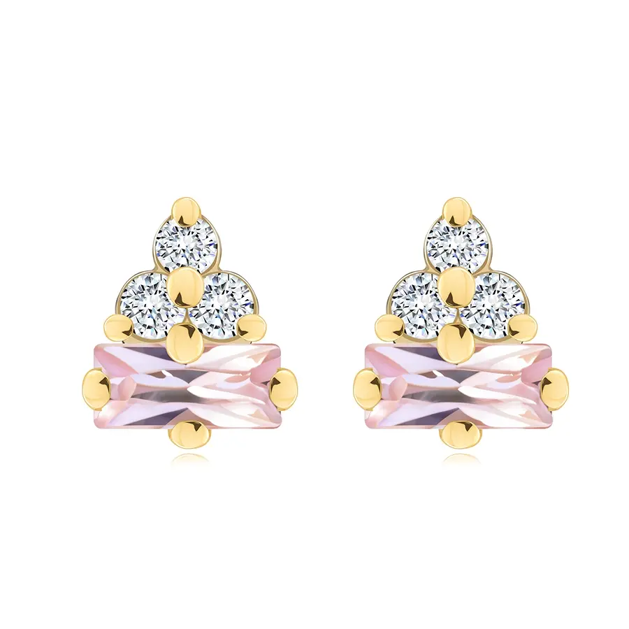 Zlaté náušnice 14K s ružovým zirkónom a tromi čírymi zirkónmi