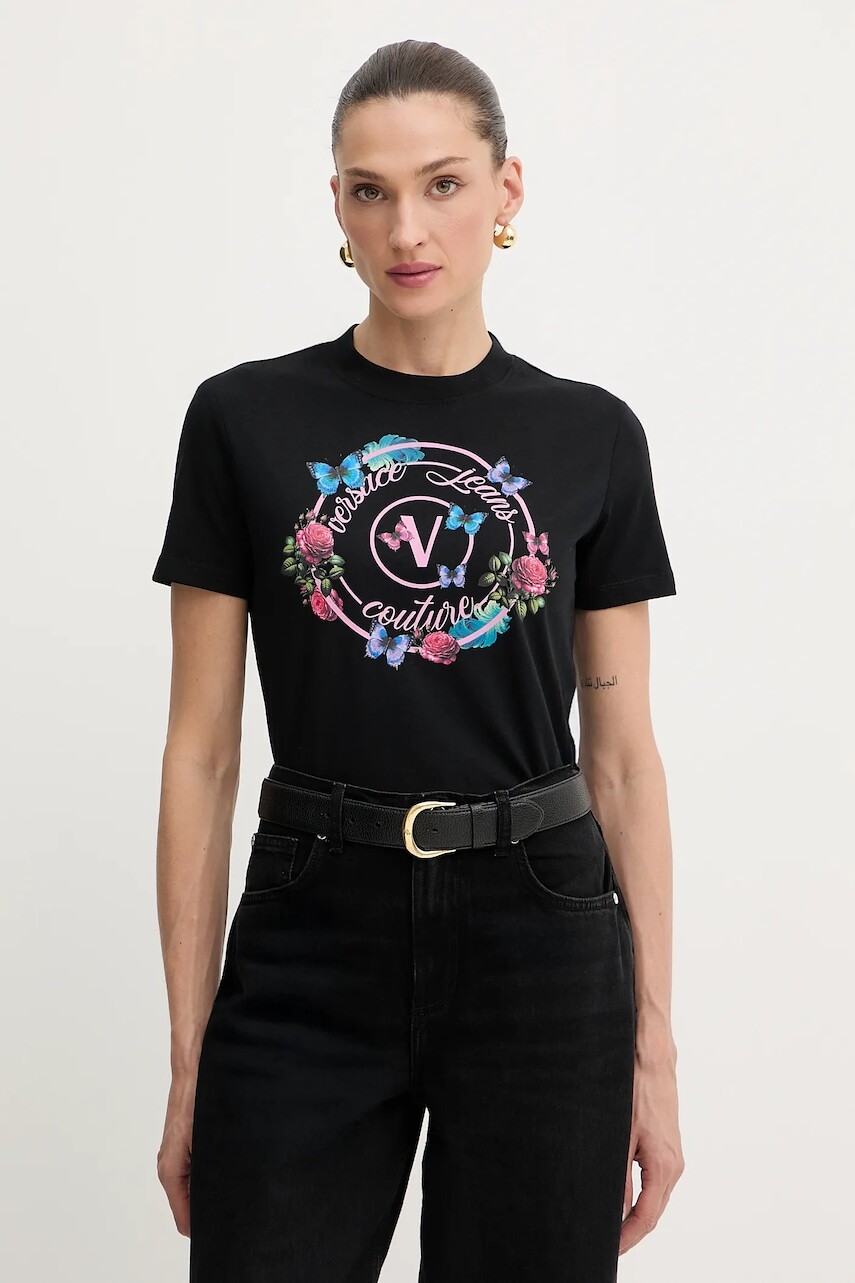 Bavlnené tričko Versace Jeans Couture dámske, čierna farba, 79HAHP01 CJ01P