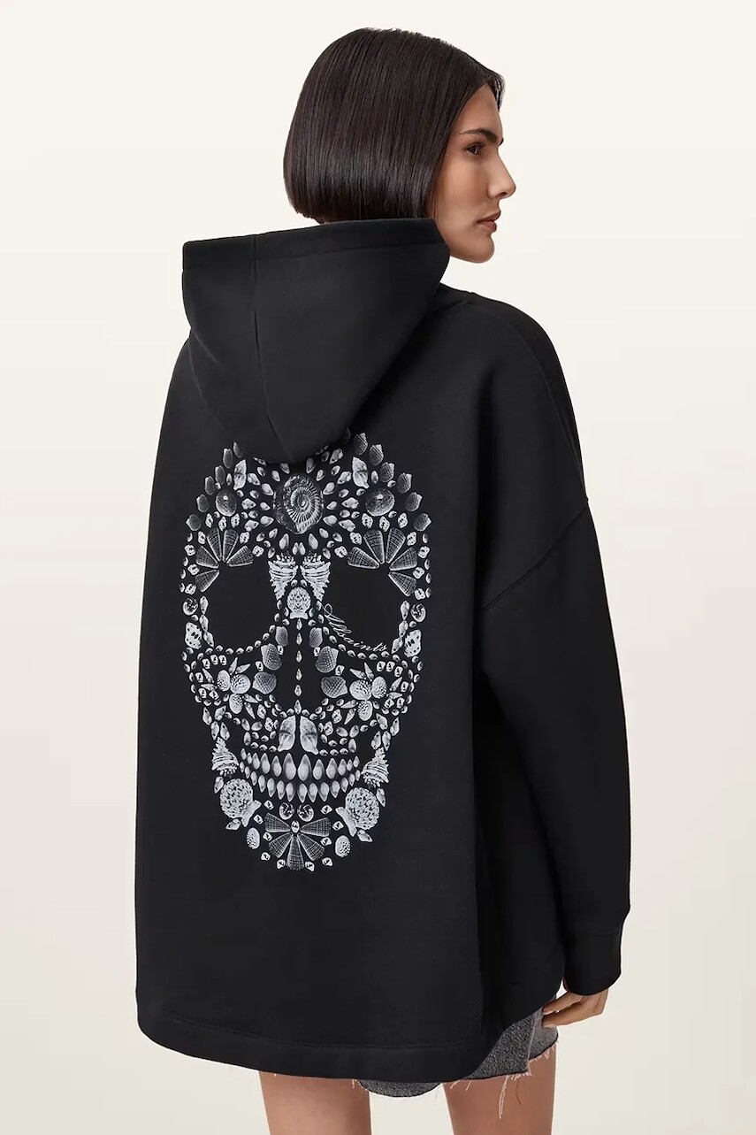 Mikina AllSaints SHKULL čierna farba, s kapucňou, W144JC