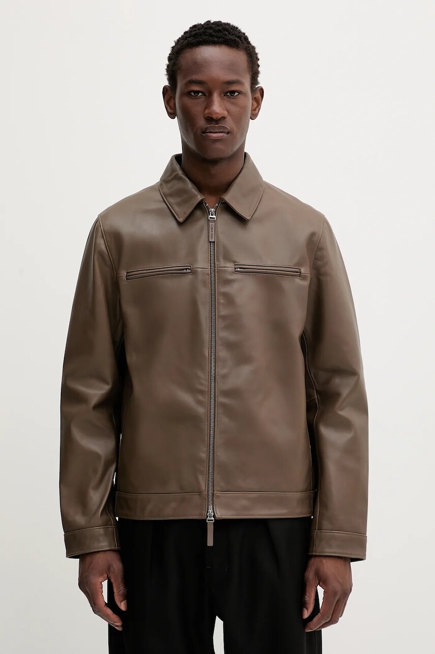 Kožená bunda Calvin Klein hnedá farba, prechodná, LV04LB901G