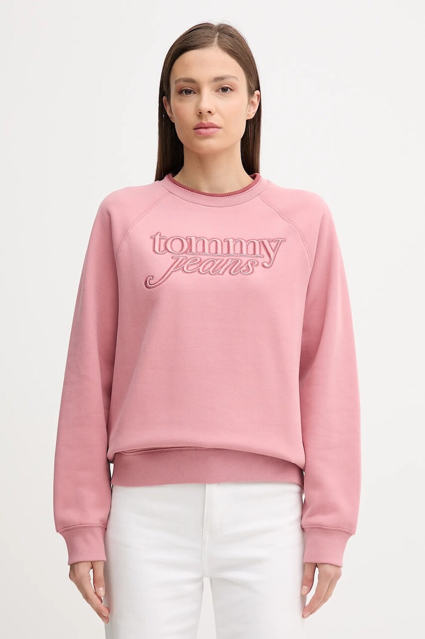 Mikina Tommy Jeans oranžová farba, s nášivkou, DW0DW21196